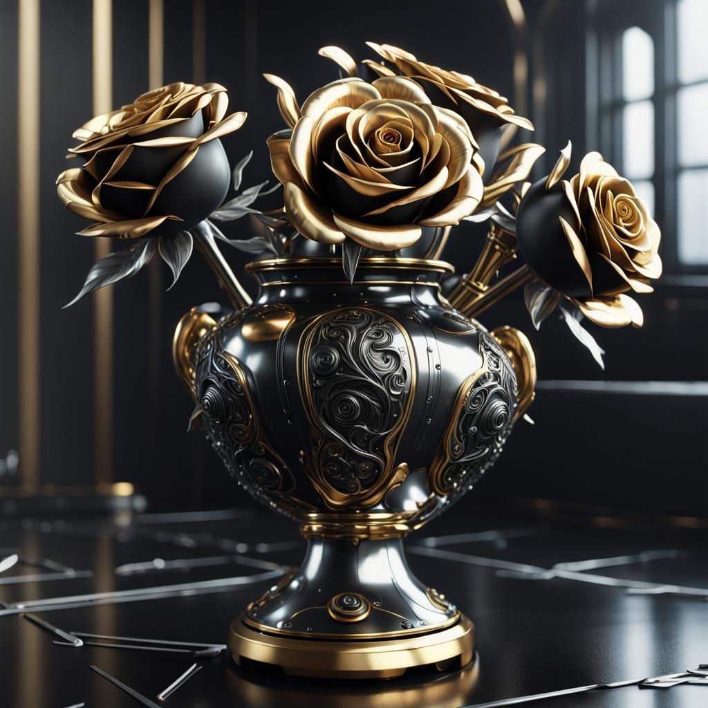 Futuristic Silver Roses in Black and Gold Vase