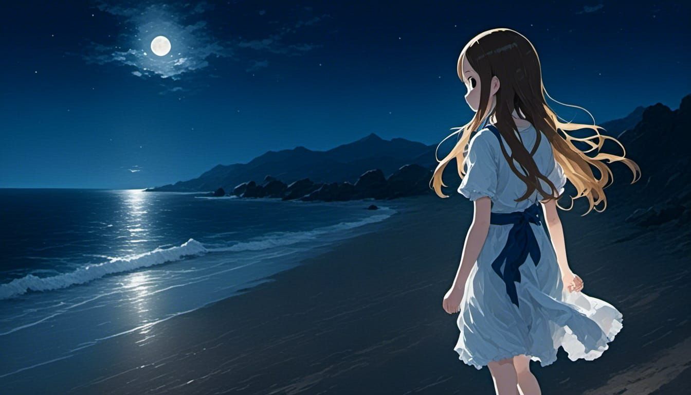 Dreamy Oil Painting of Girl on Midnight Coast