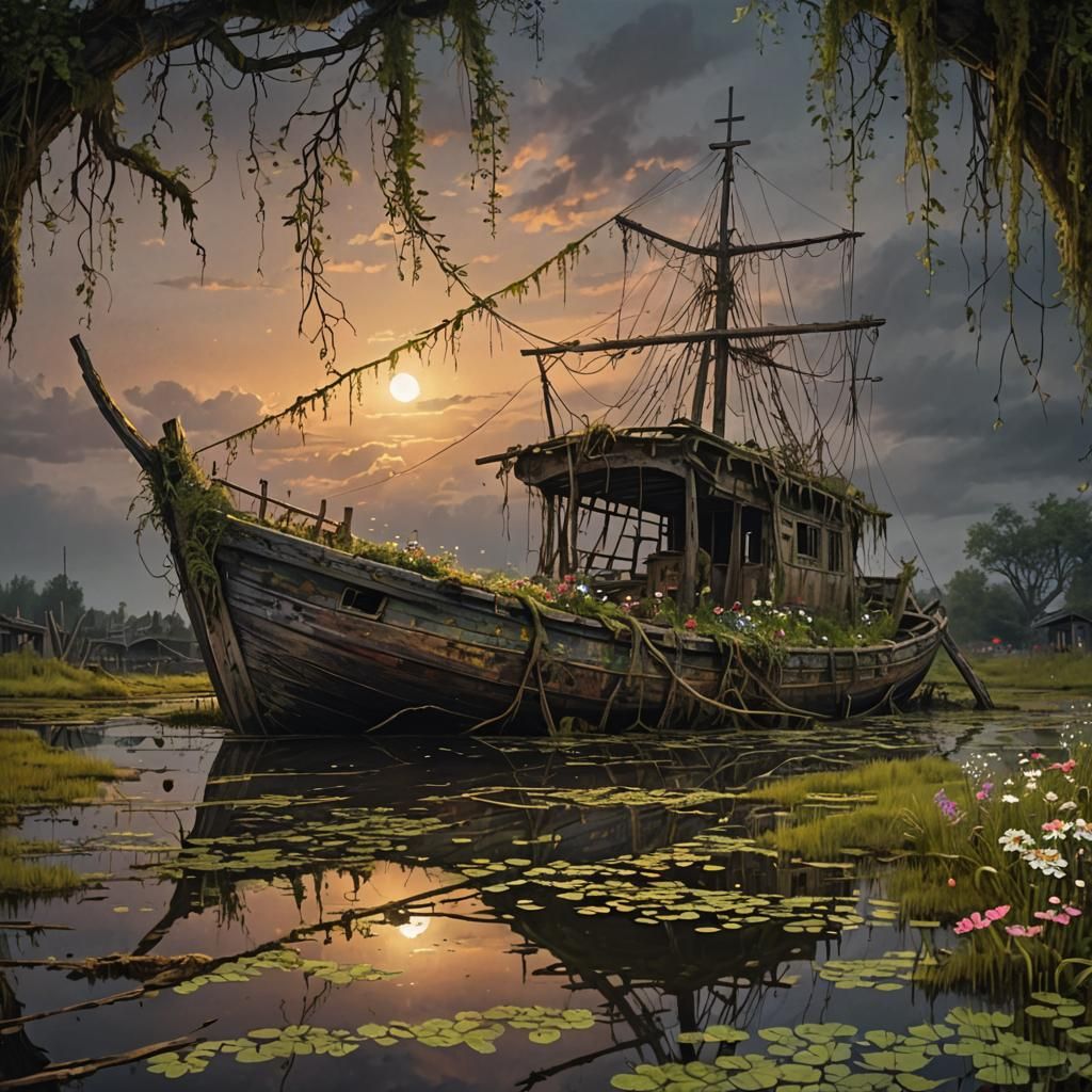 Eerie Boat Drifts Down Swamp River in Dark Fantasy Art