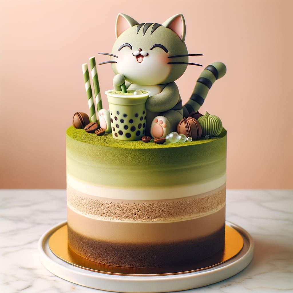 Matcha Green Tea and Coffee Cake with Cat Topper