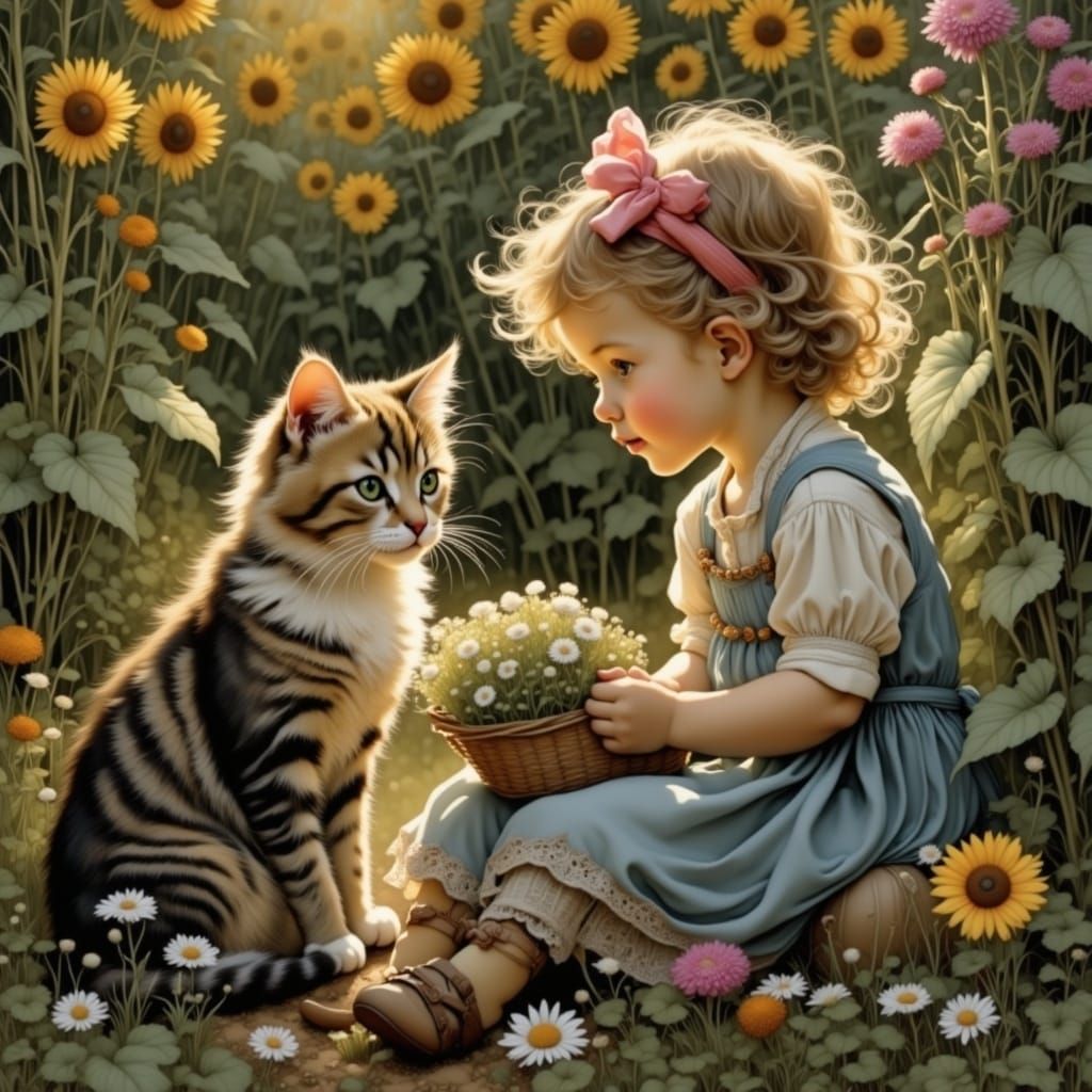 Toddler Cuddles Cat in Dreamy Garden Landscape