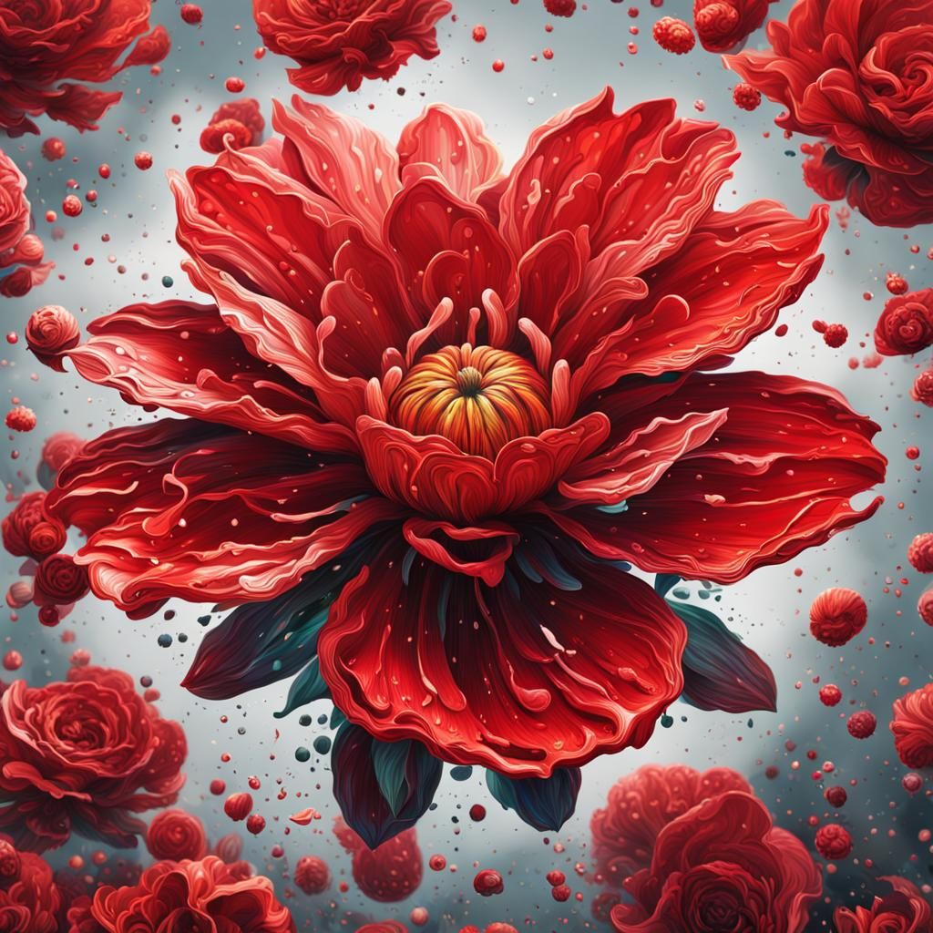 Hyperrealistic Red Flower with Splash Art Background