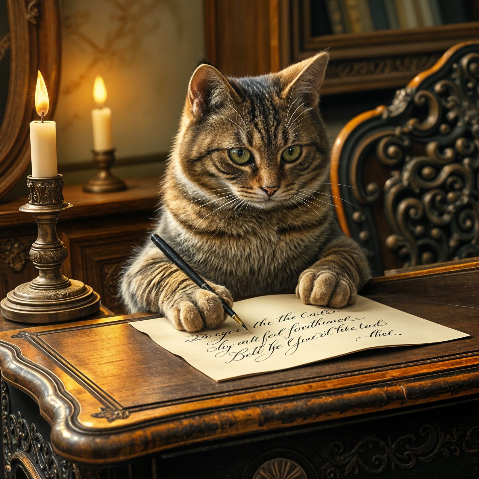 Elegant Cat Writes Calligraphy with Poise