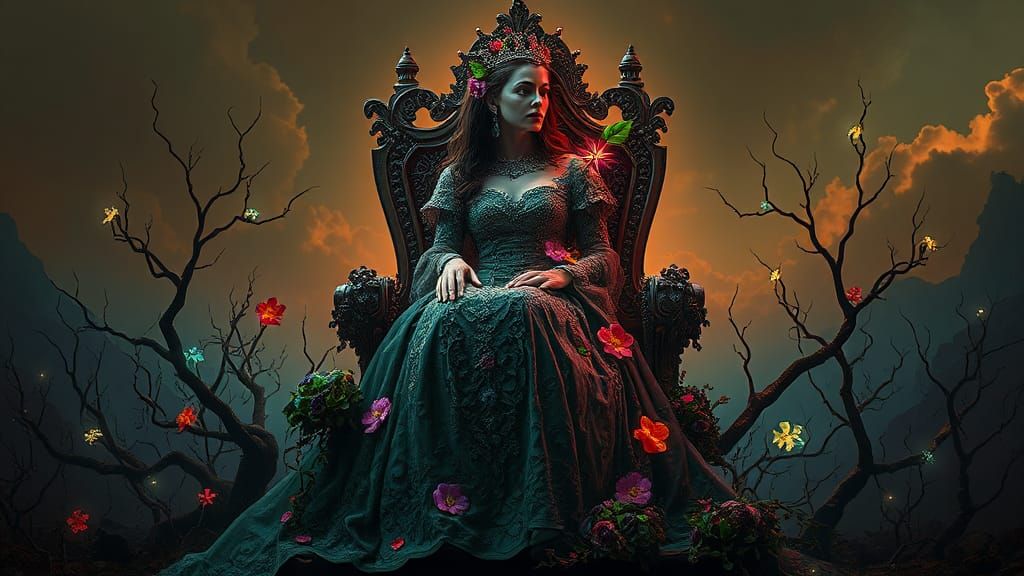 Post-Apocalyptic Queen with Fluorescent Flowers