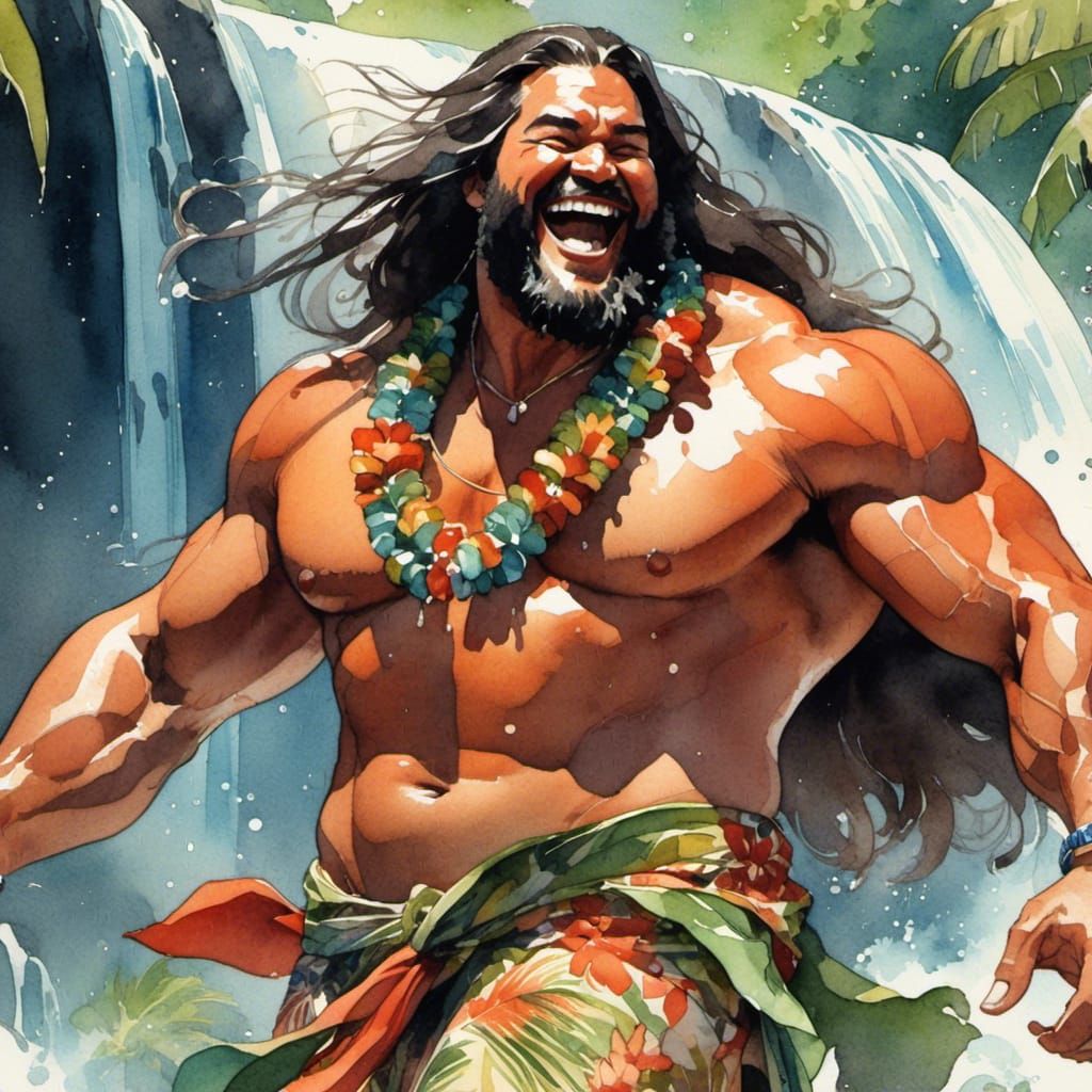 Hawaiian Man Laughing Under Waterfall, Watercolor Illustrati...