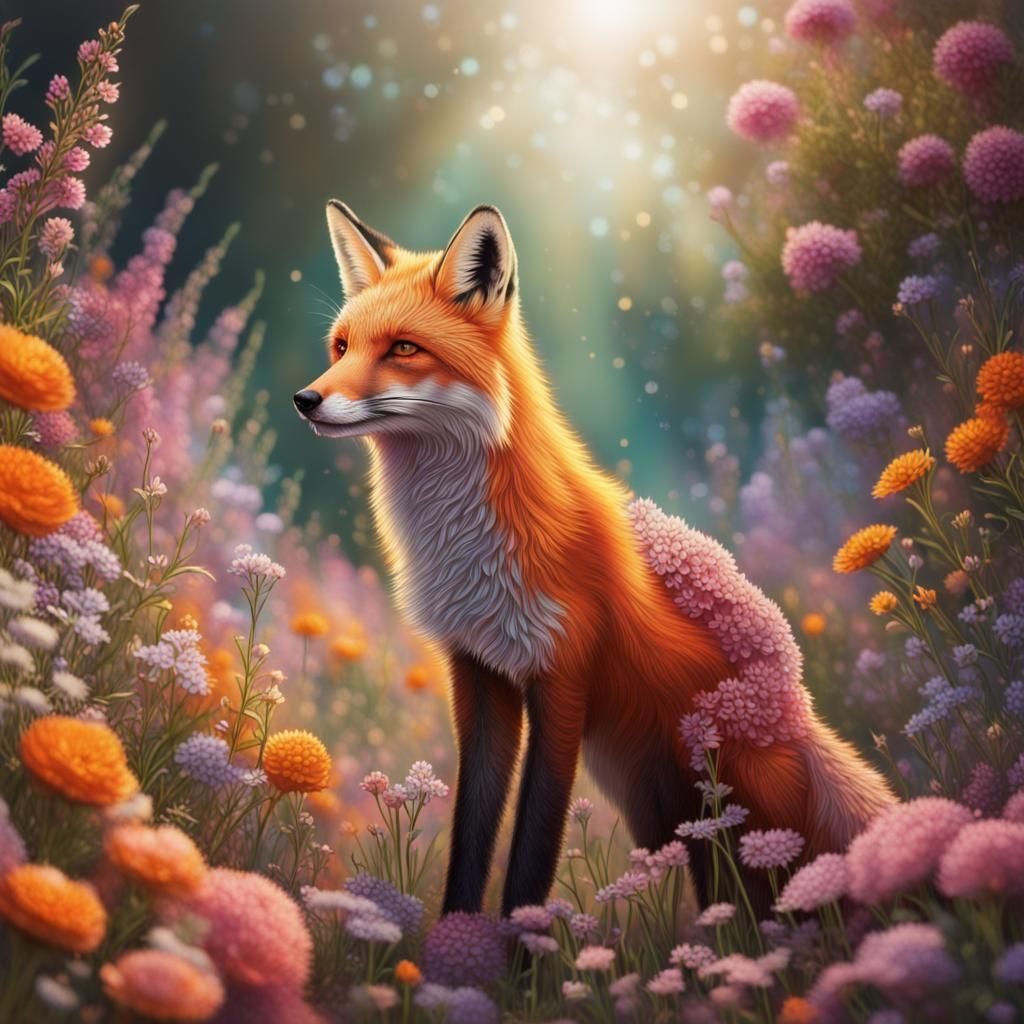Hyperrealistic Fox in Colorful Floral Landscape