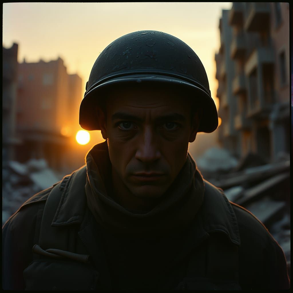 War-Weary Soldier Amidst Ruins of a Torn Cityscape in Cinema...