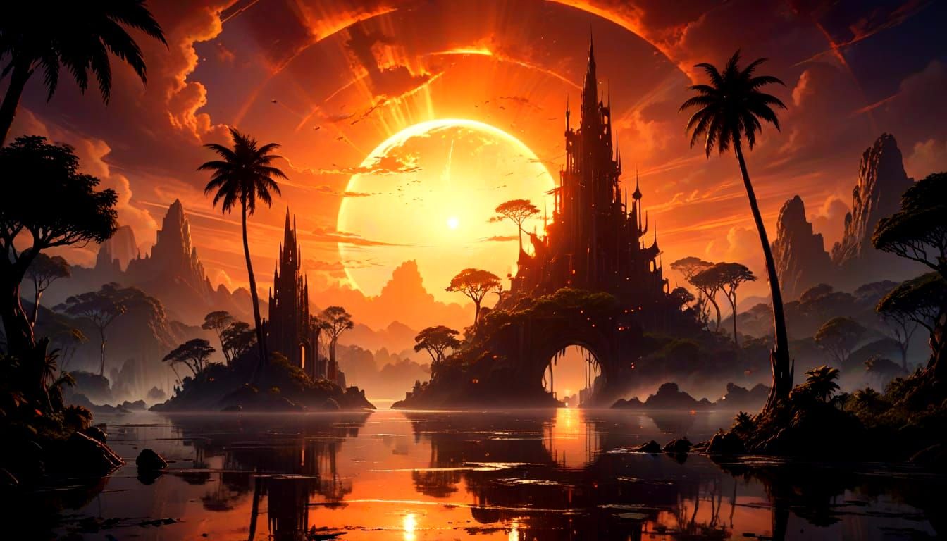 Tropical Sunset with Magical Halo in Anime Style