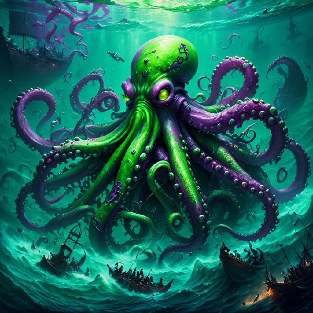 Octopus Viking in Ocean Battle with Glowing Runes