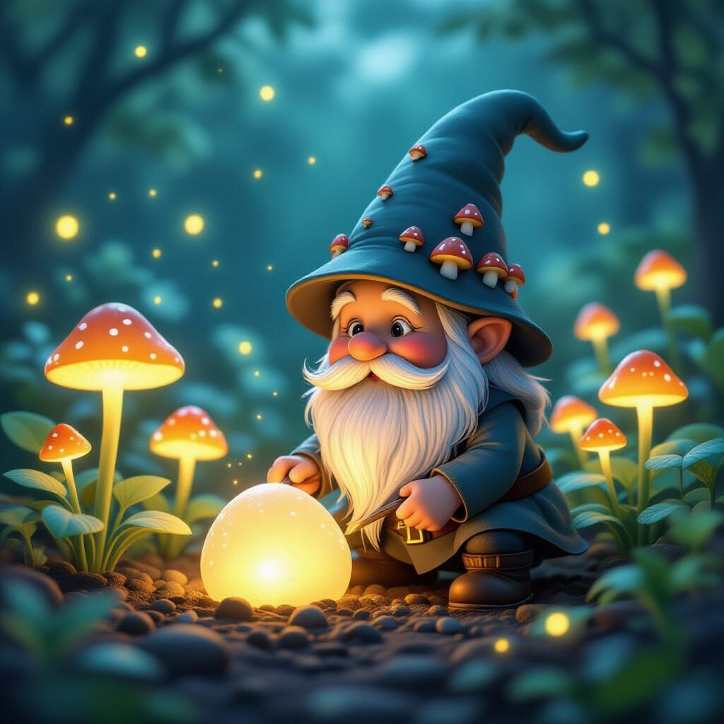 Whimsical Gnome Tending Magical Mochi Garden at Twilight