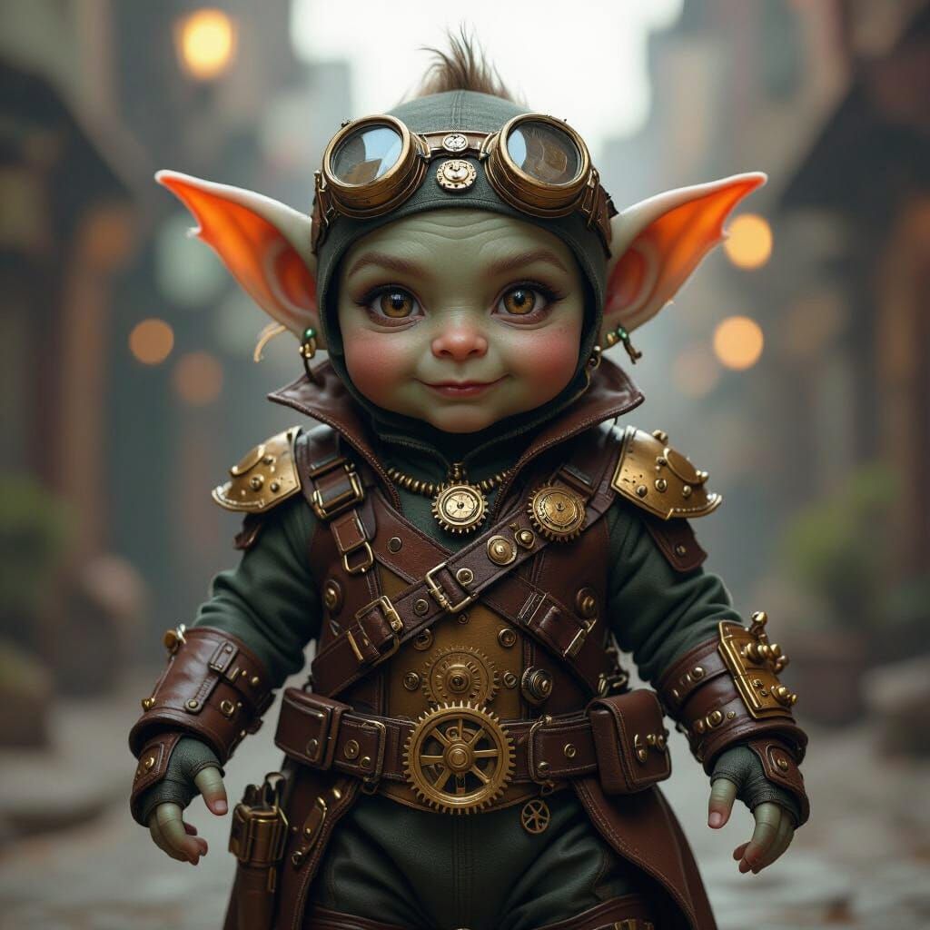 Steampunk Baby Goblin in Detailed Brass and Leather Outfit