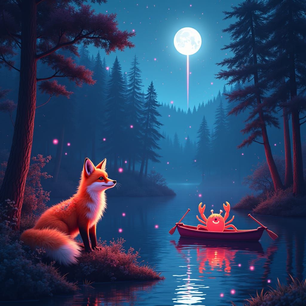 Synthwave Fox in Firefly Forest with Meteor