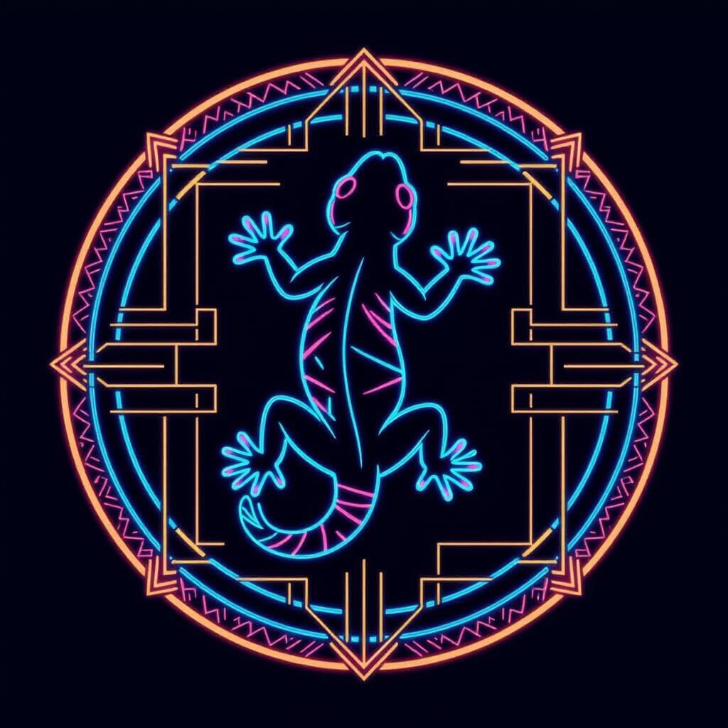 Art Deco Emblem with Glowing Neon Gecko