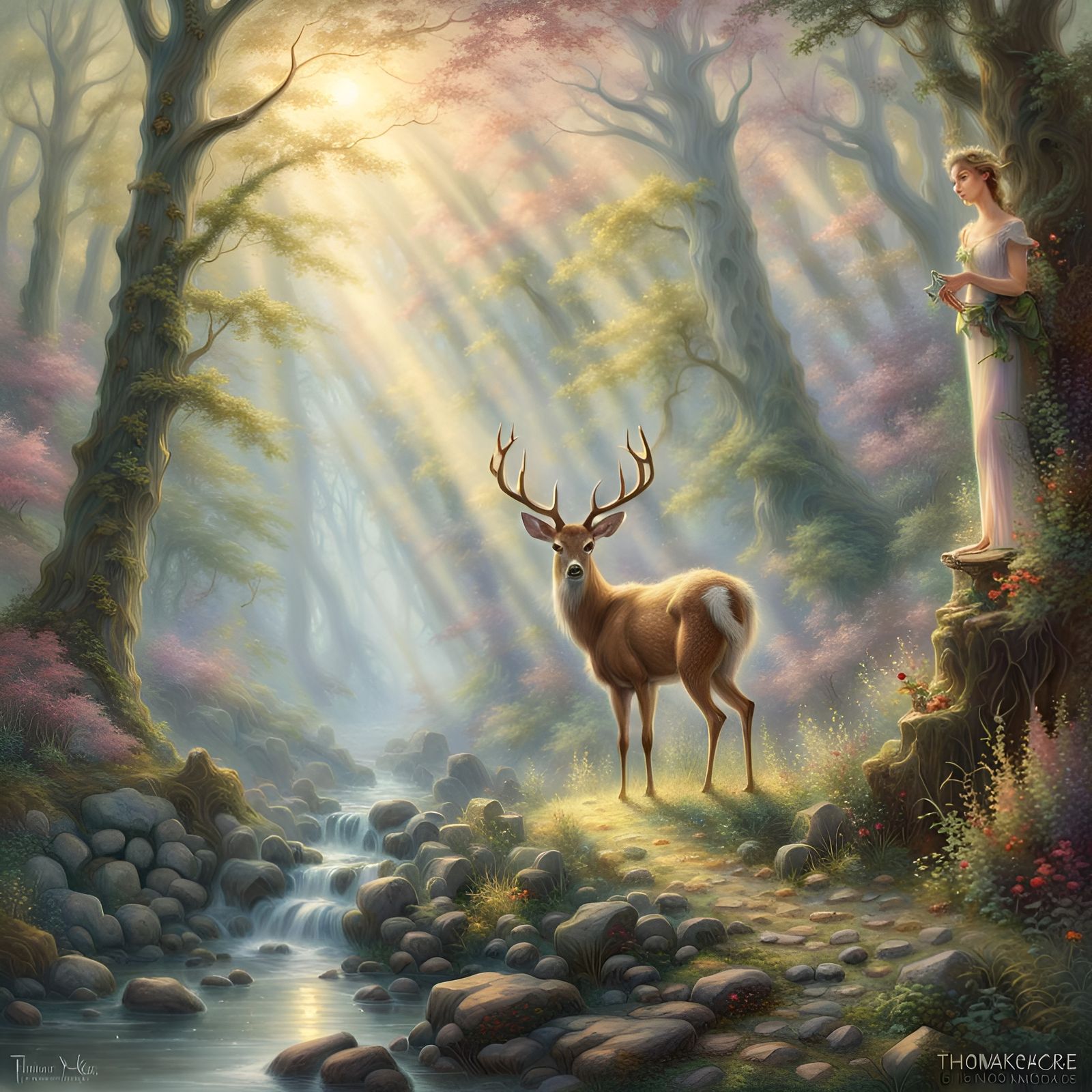 Ethereal Elf and Deer in Misty Forest