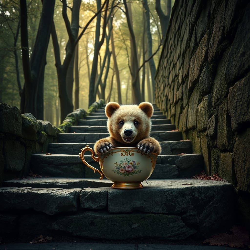 Baby Bear in Teacup: Hyper-Realistic Digital Painting