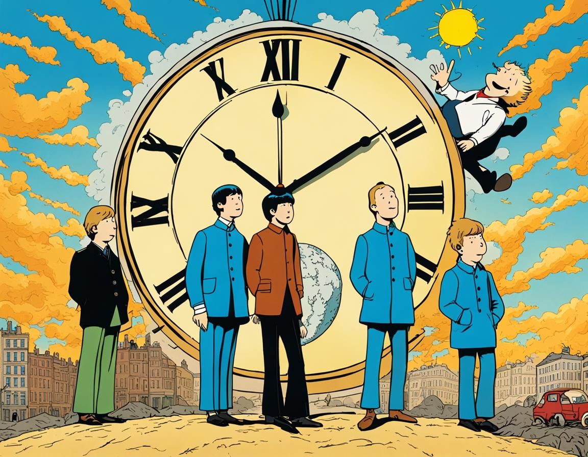 the beatles as hergé characters, looking up at a giant sun clock