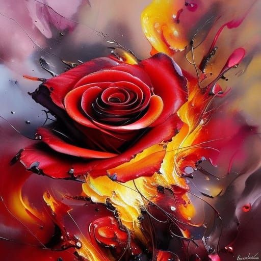 Detailed Fire Rose with Marbling and Oil Effects