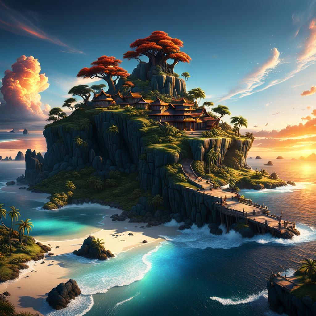 Fantastical Island Sunset in Detailed Matte Painting