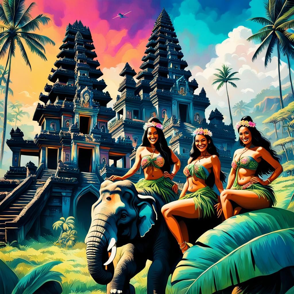 elephant chilling with hula girls on bali