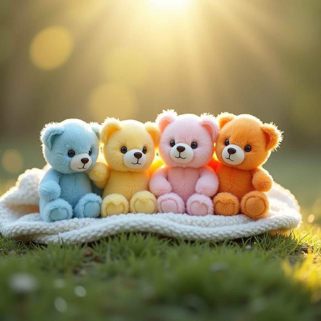 Pastel Teddy Bears in a Sunlit Meadow Scene