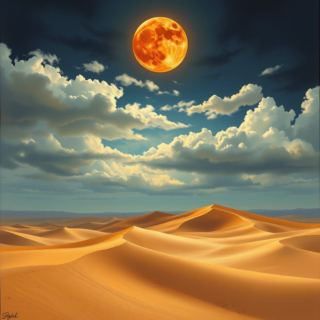Sahara Desert Under Blood Moon, in Turner Style