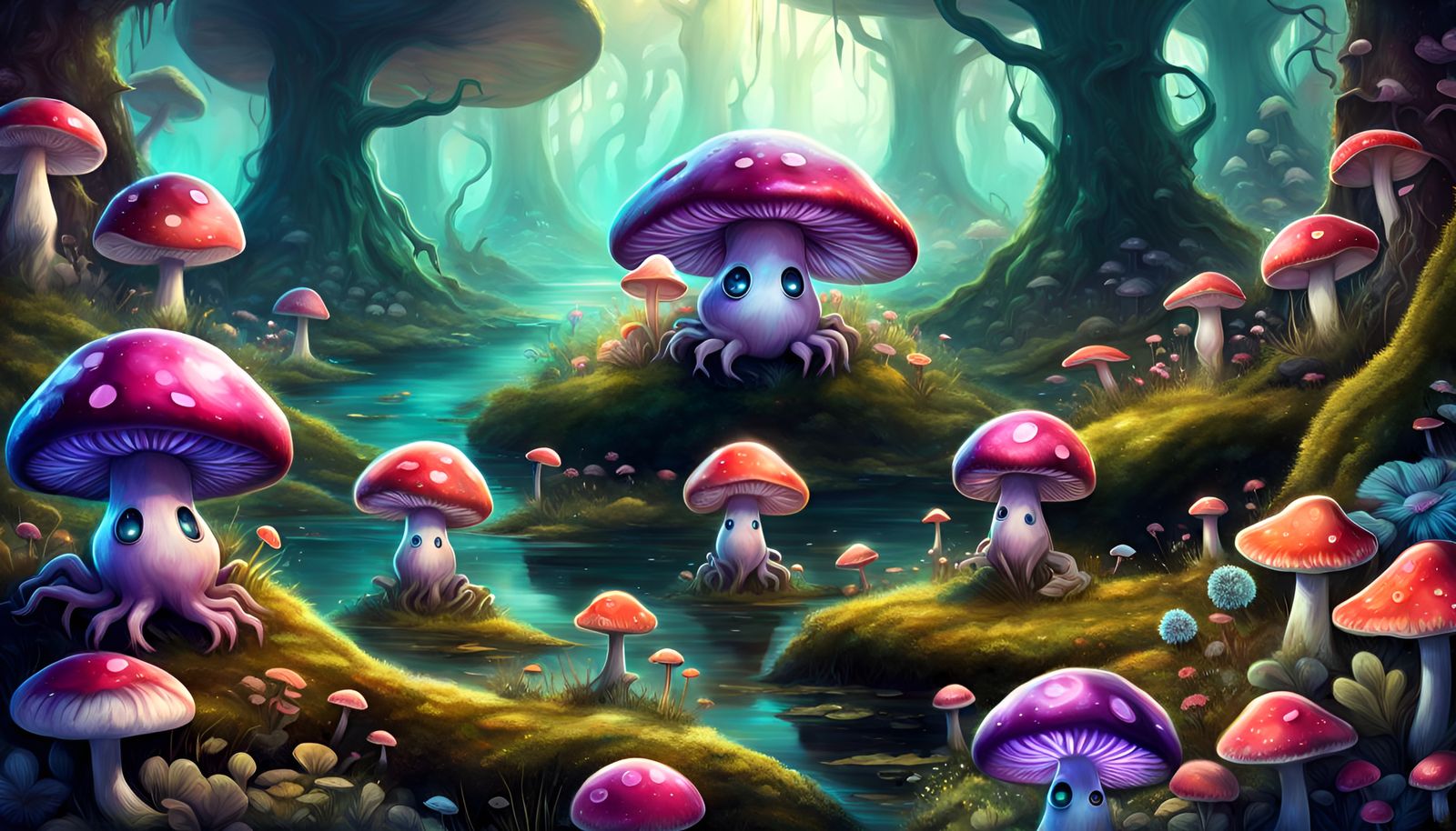 Cute Fungal Beings in Dreamy Lovecraftian Landscape