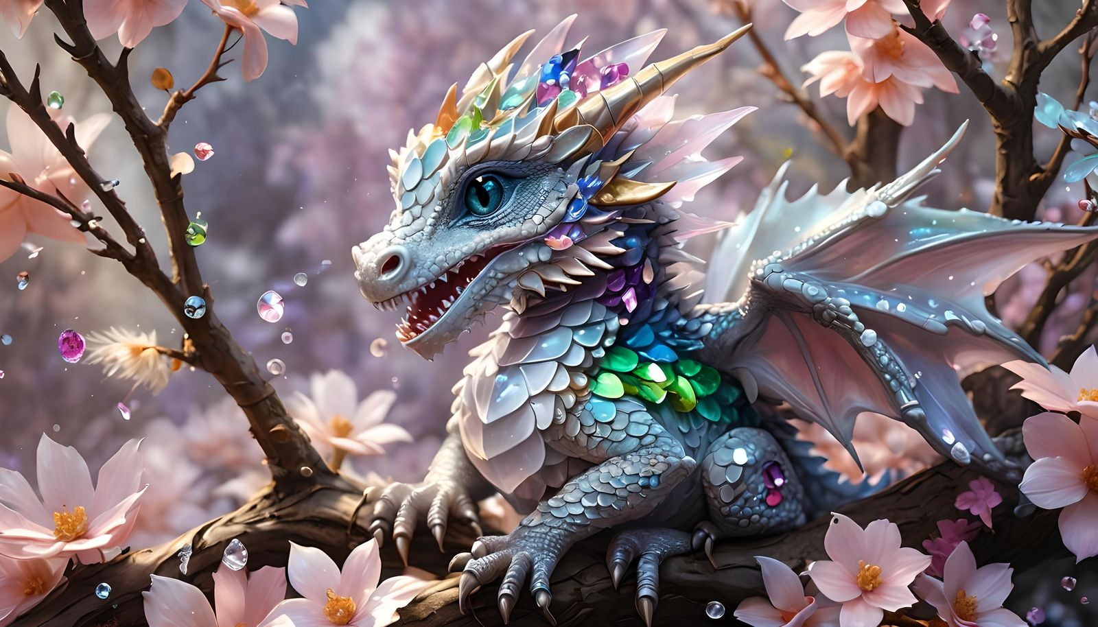 Crystal Dragon Perched on Jeweled Branch
