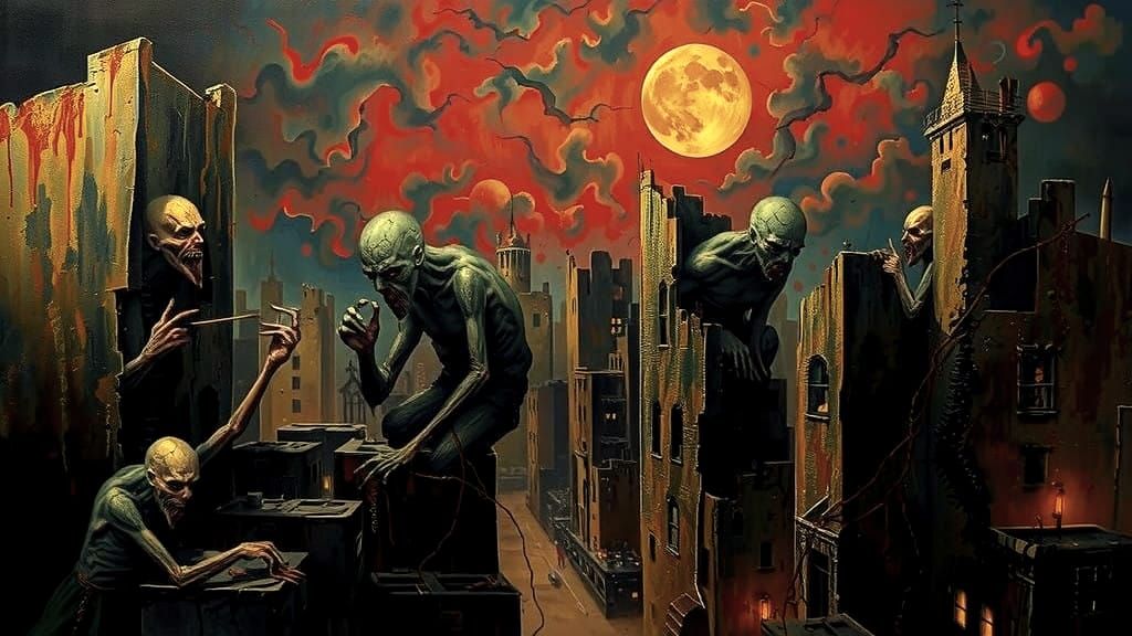 Dark Surrealist Cityscape in Oil on Canvas