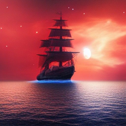Red Ship Sailing Under a Dramatic Sky
