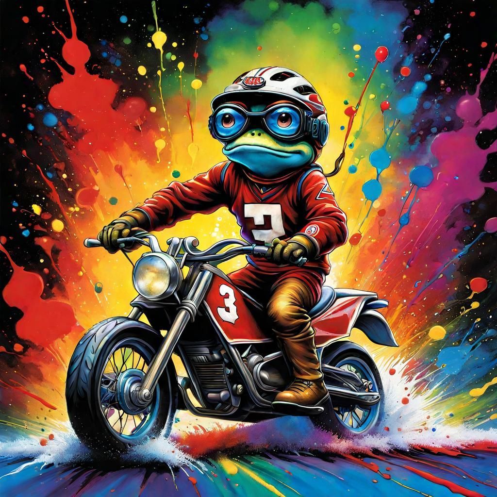 Crazy Frog Rides Motorcycle: Splatter Art Masterpiece