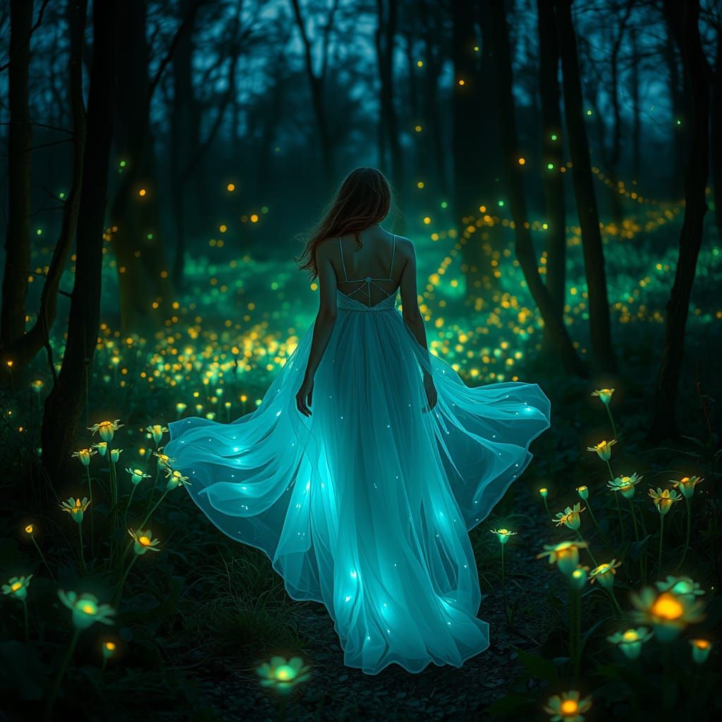 Enchanted Forest: Bioluminescent Flowers and Ethereal Gown