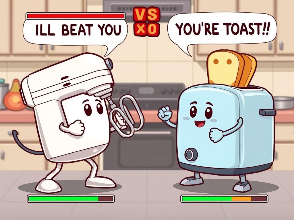 Cartoon Appliance Battle: Mixer vs Toaster in 2D