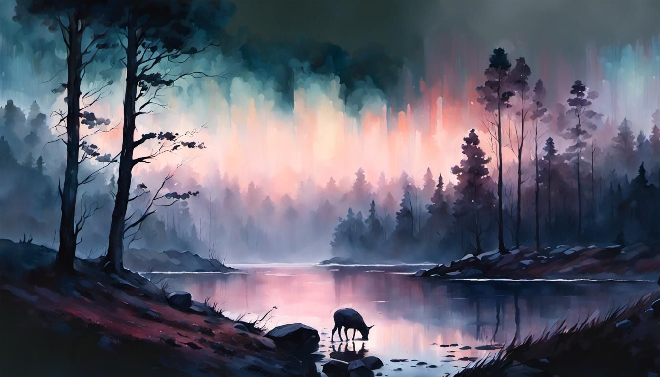 Misty Dark Landscape Watercolor Painting