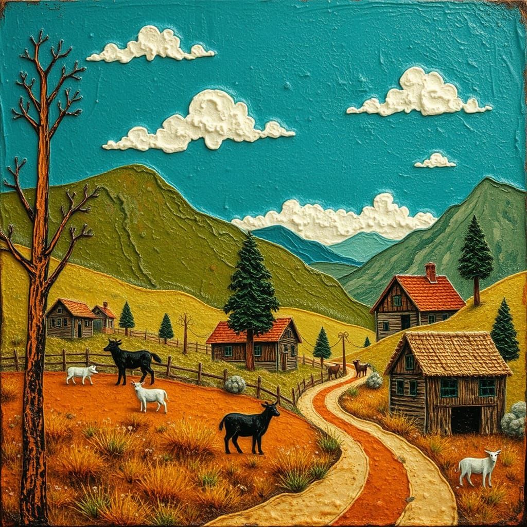 Encaustic Country Village Scene with Animals