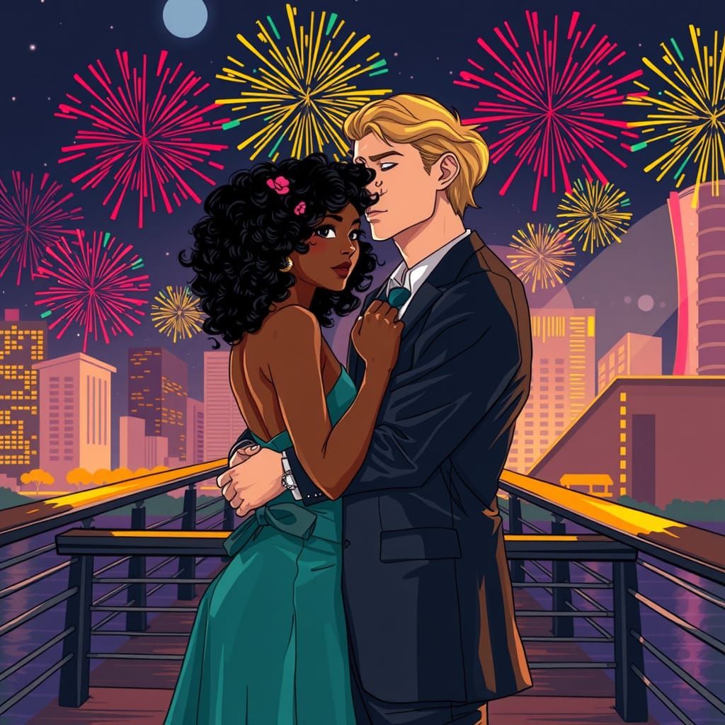 Romantic Anime Embrace Under Fireworks Display