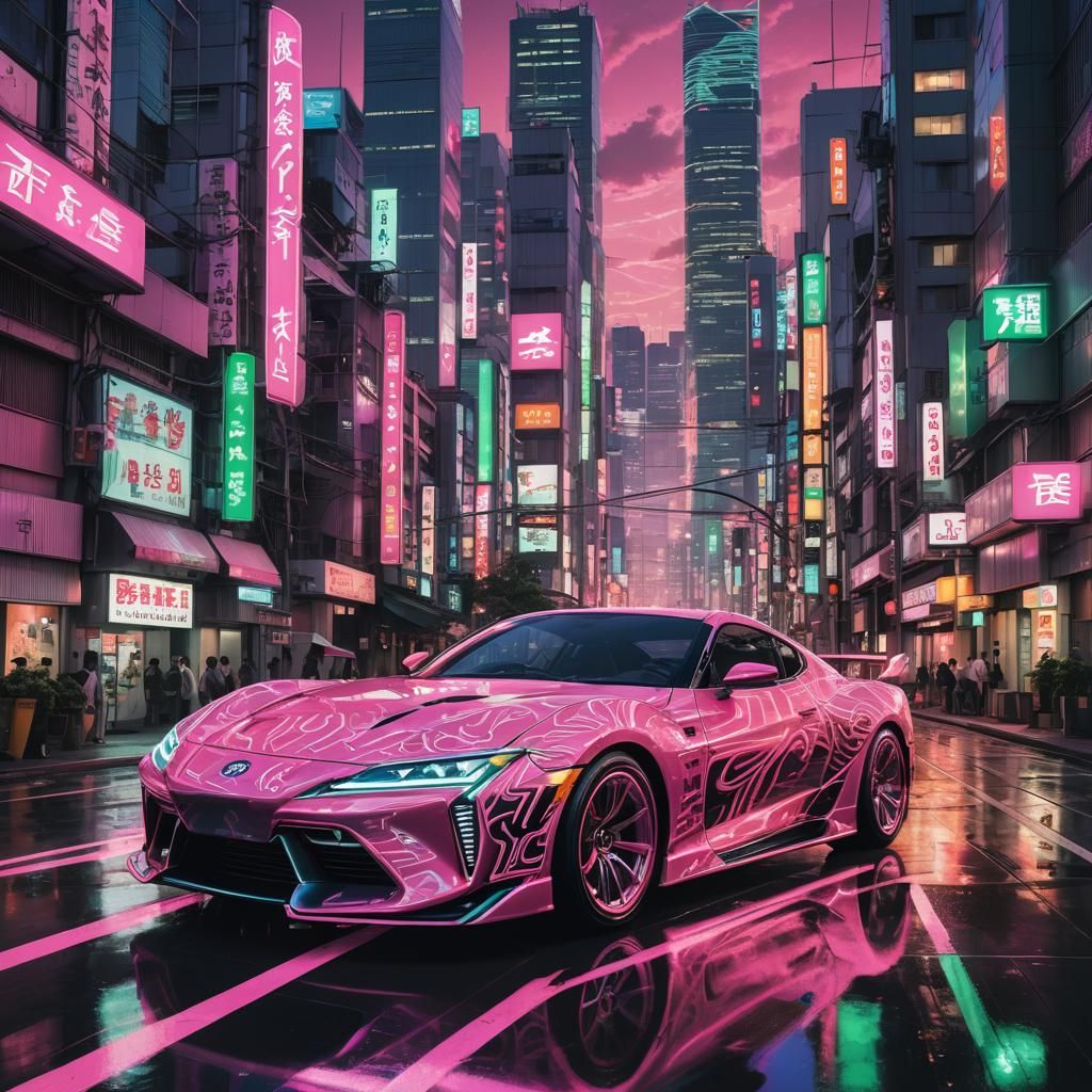 Neon Japanese Sports Car in Futuristic Cityscape