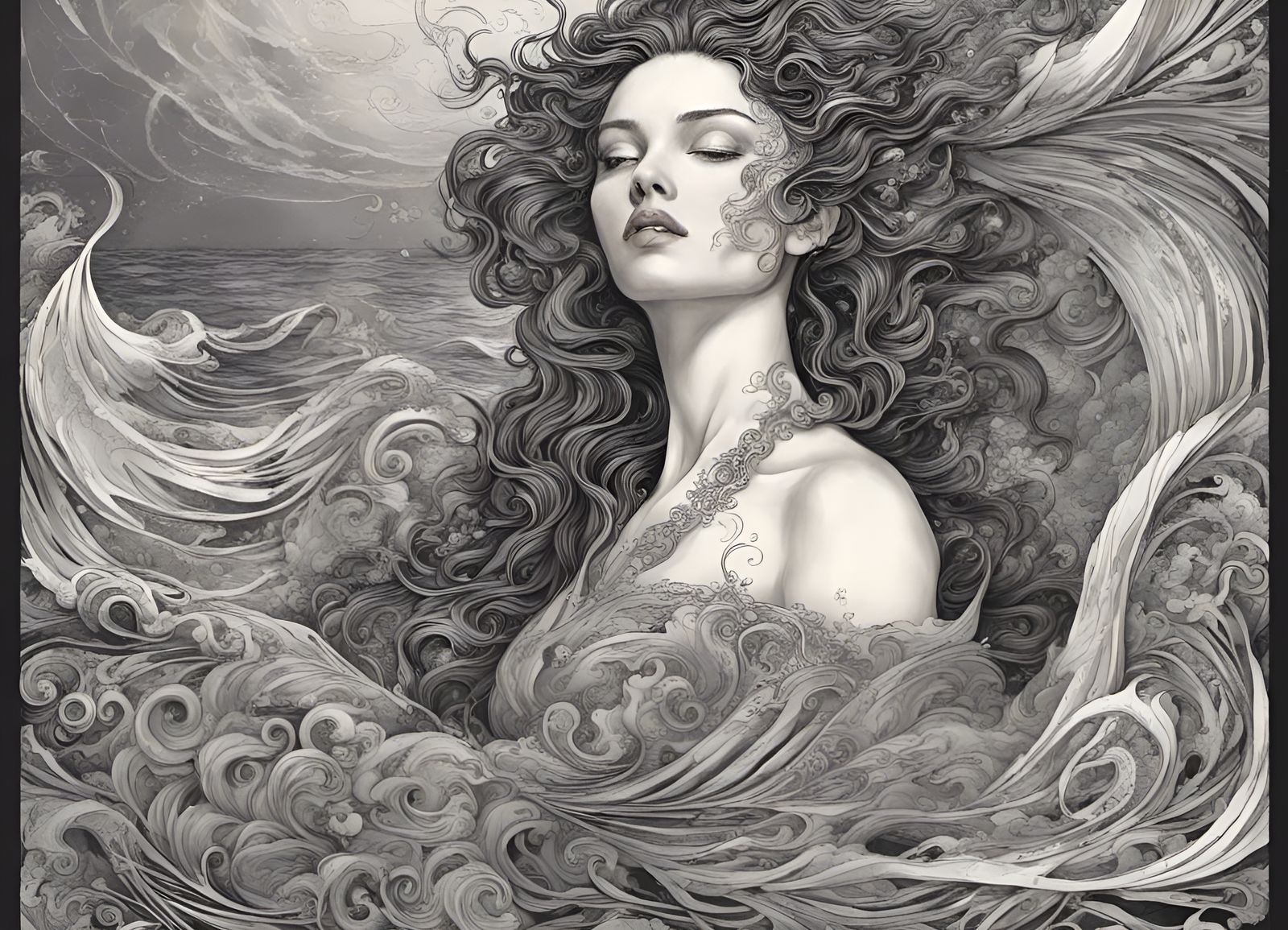 intricately detailed lady of the ocean, stands in crashing wave with the water directly surrounding her with illuminatin...