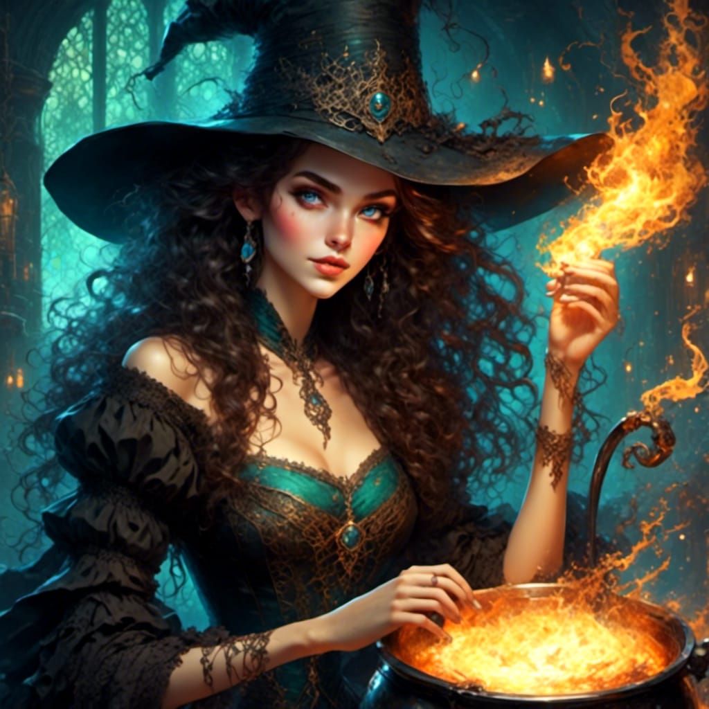 Green Witch Brews Potion in Comic Style