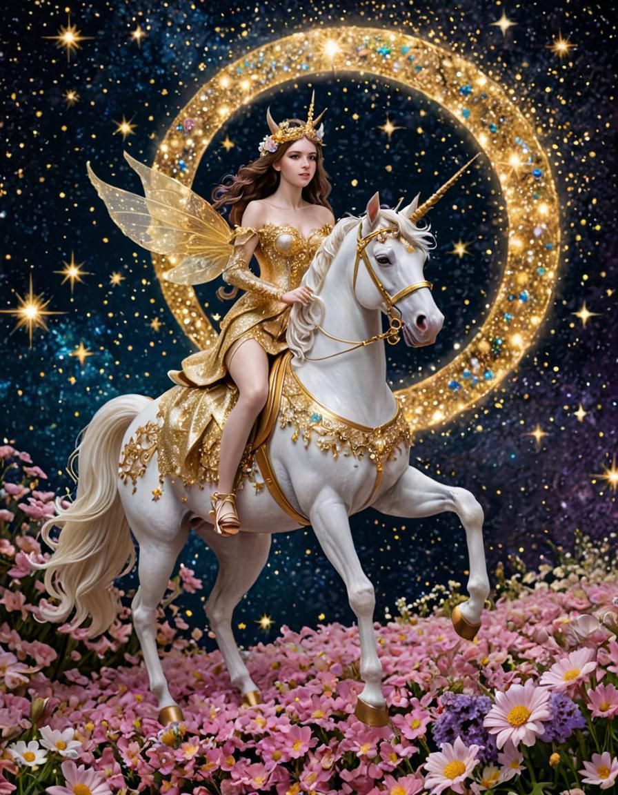 Sparklecore Fairy on Floral Unicorn with Glittering Stars
