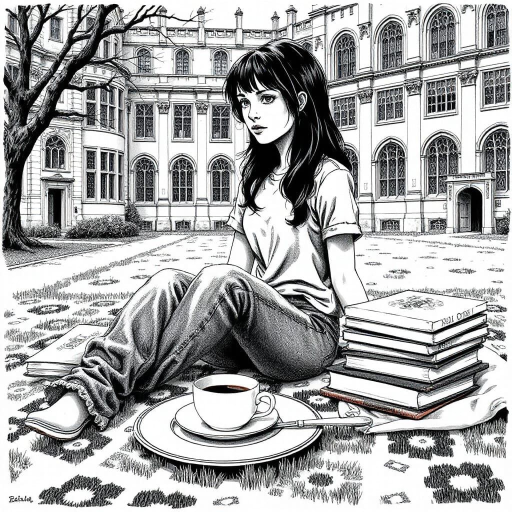 Rita on Oxford Quad in Edward Gorey Style