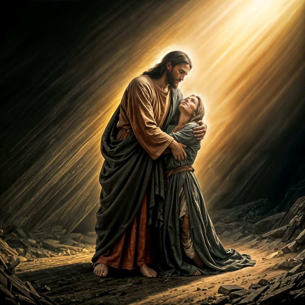Jesus Helping Woman: An Oil Painting of Love and Healing