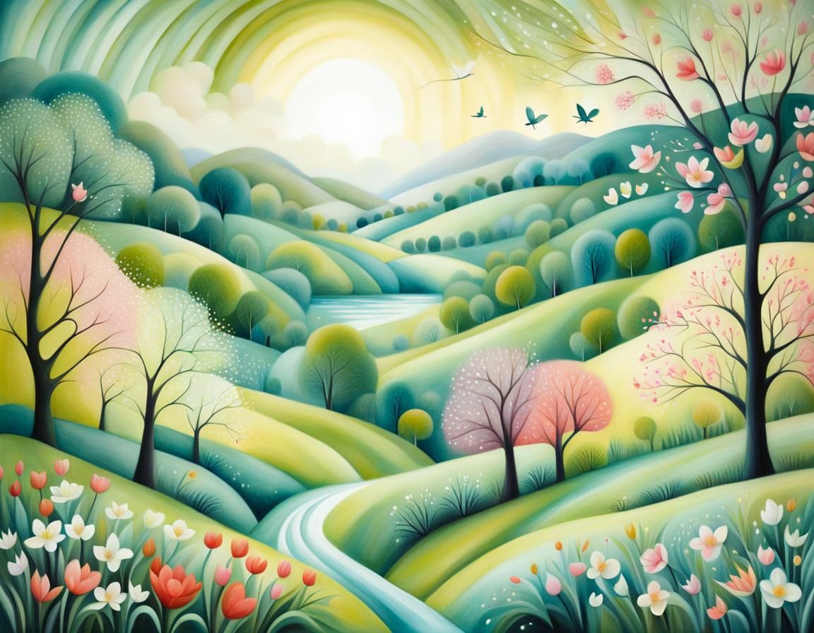 Lush Spring Landscape in Impressionistic Style