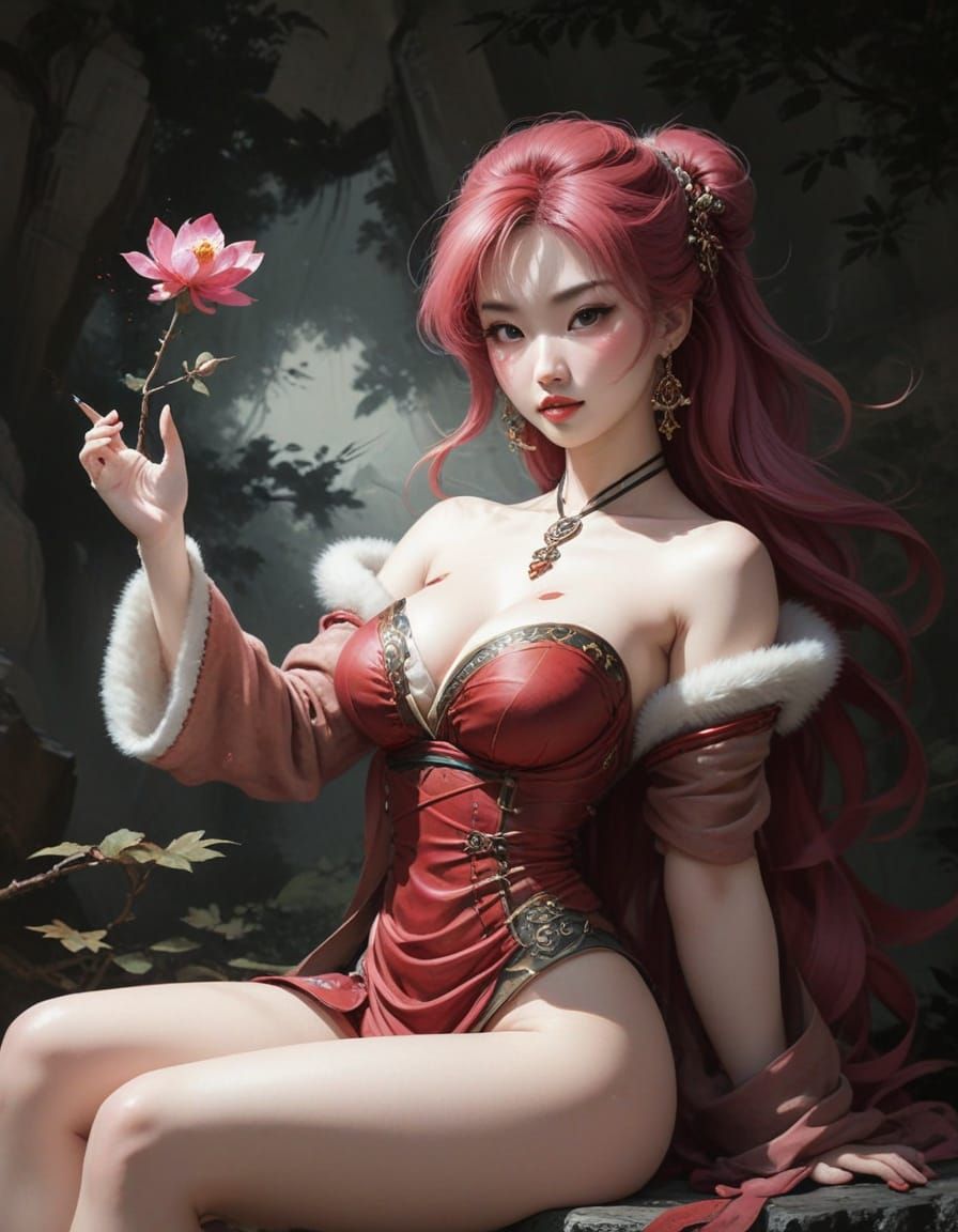 Sumi-e Style Pinup Cartoon Women in Whimsical Scene