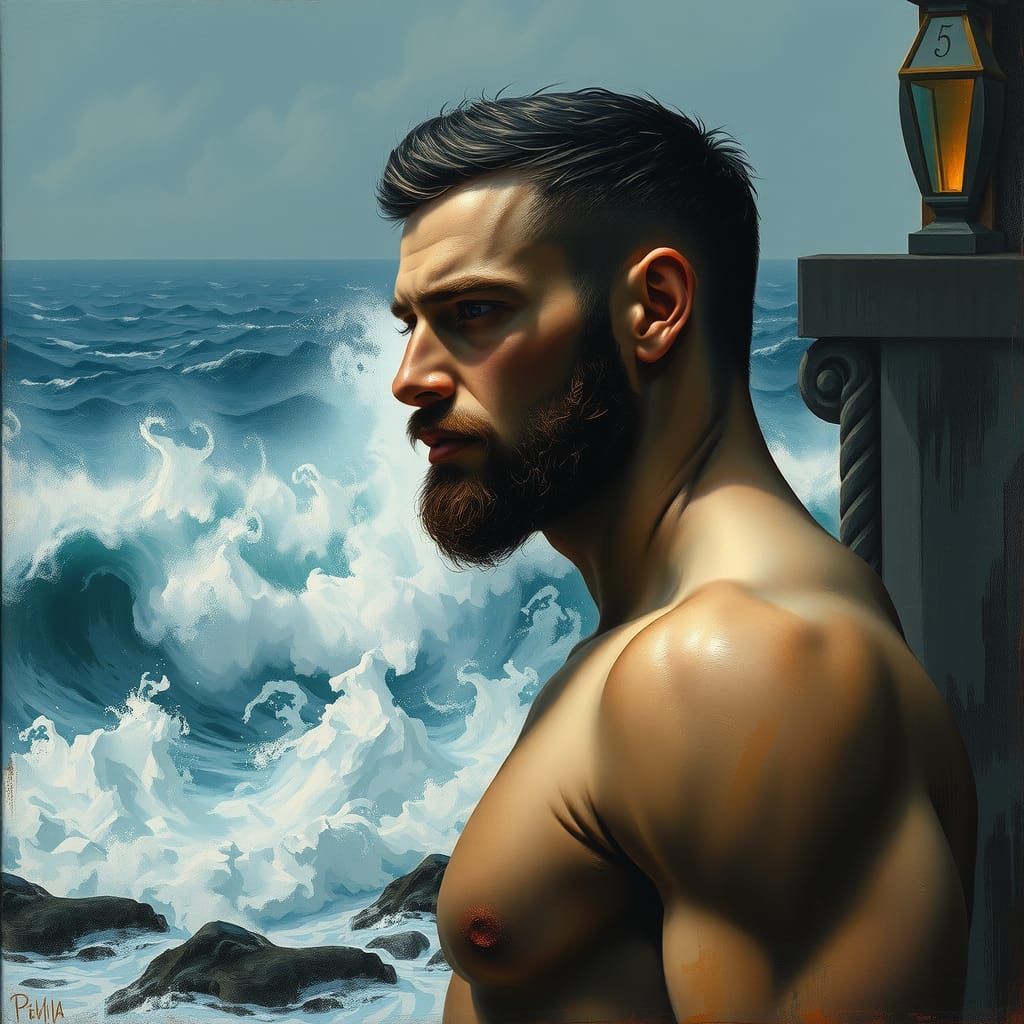 Stoic Man Contemplates Turbulent Sea in Dramatic Scene