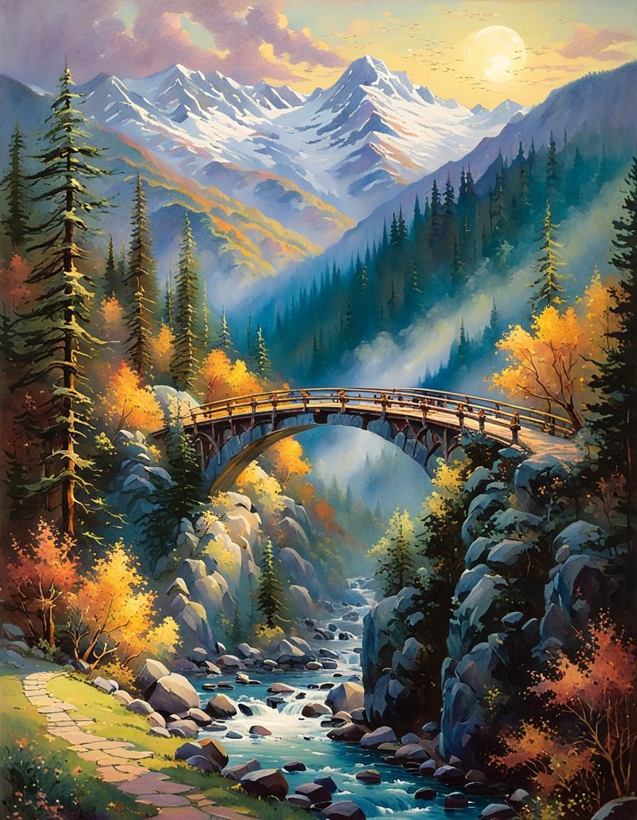 Large Bridge Over Valley in Watercolor Style