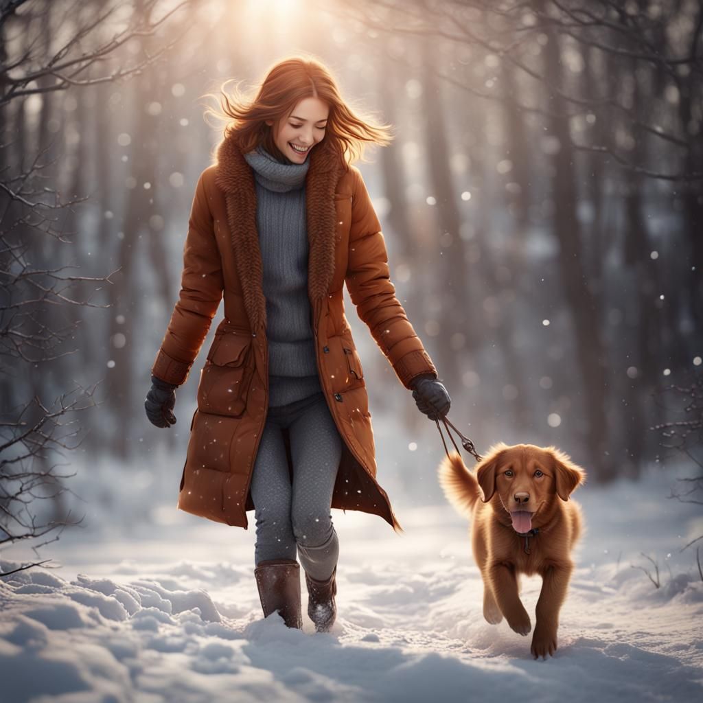 Girl and Puppy Playing in Winter Snow