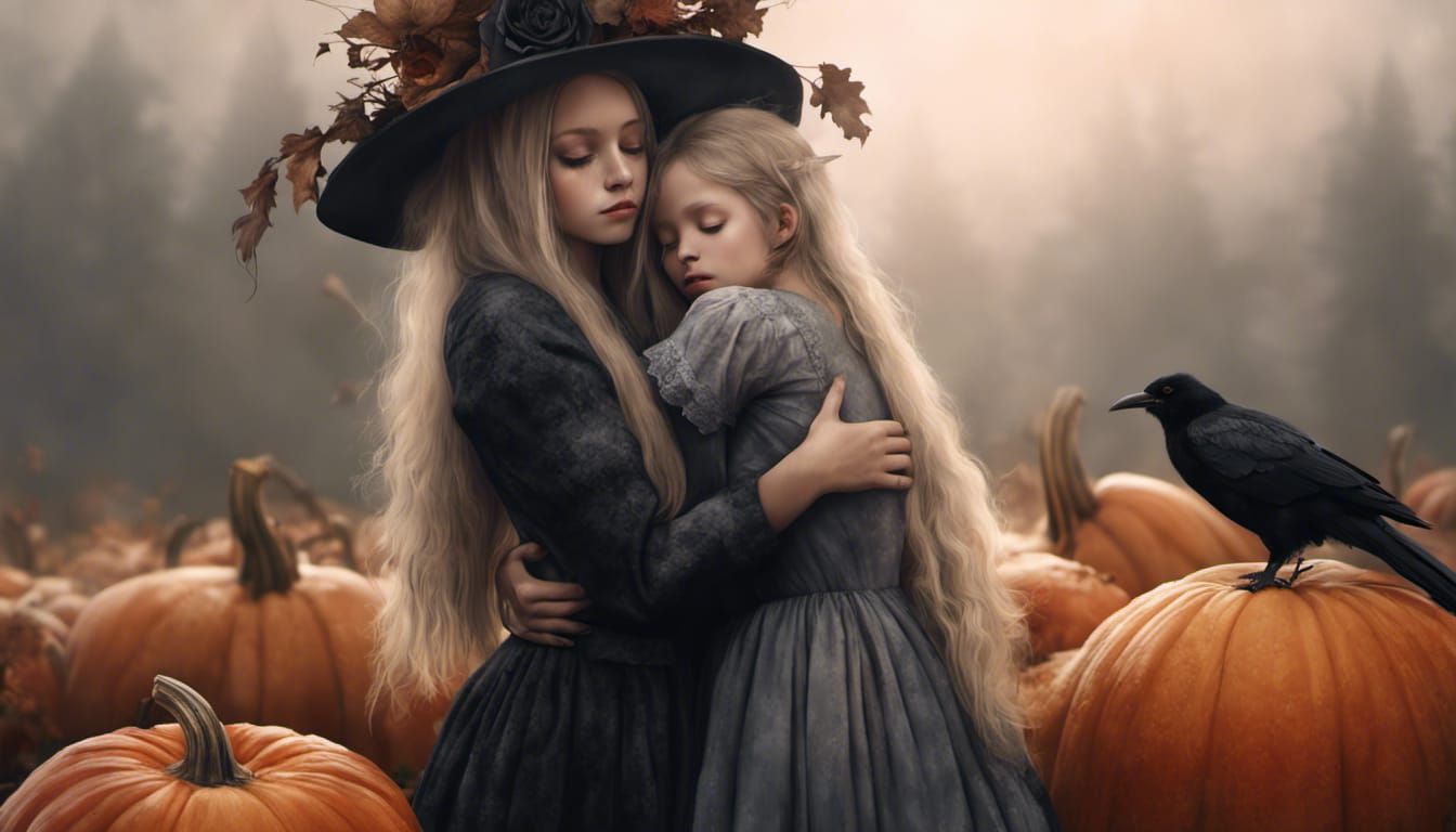 Sisters Embrace in Foggy Pumpkin Field