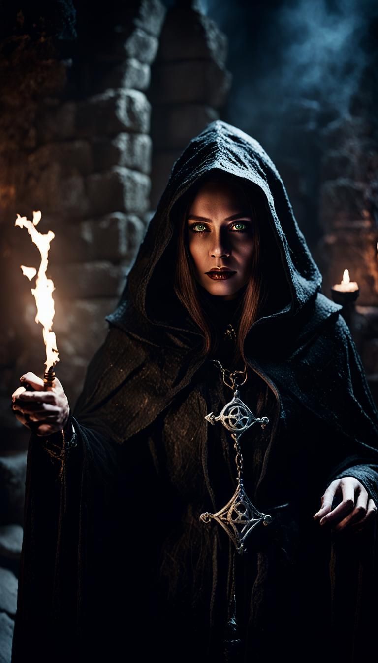 Sorceress Casting Spell in Dark Fantasy Dungeon