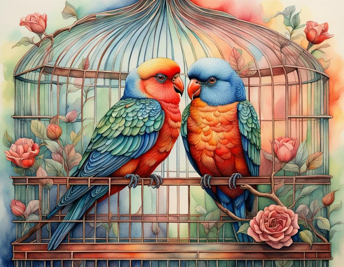 Lovebirds in Cage: Detailed Watercolor Matte Painting