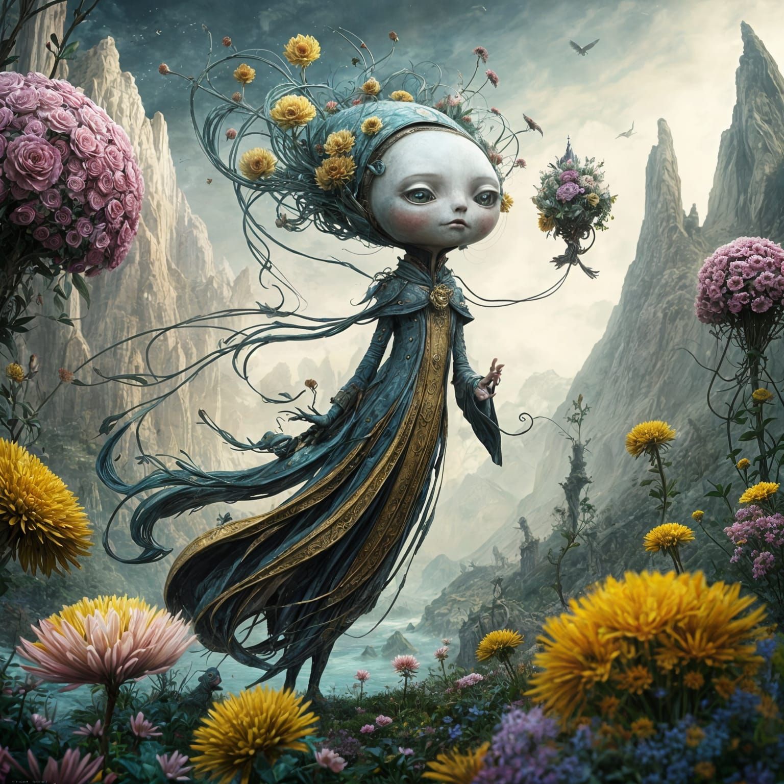 Whimsical Wisp Creature in Surreal Floral Landscape